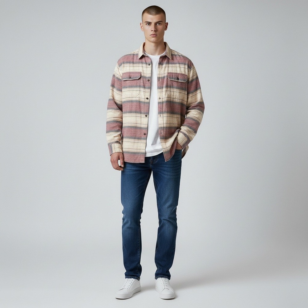 Quiksilver Button Down Shirt XXL Red Beige Striped Regular Fit Long Sleeve
